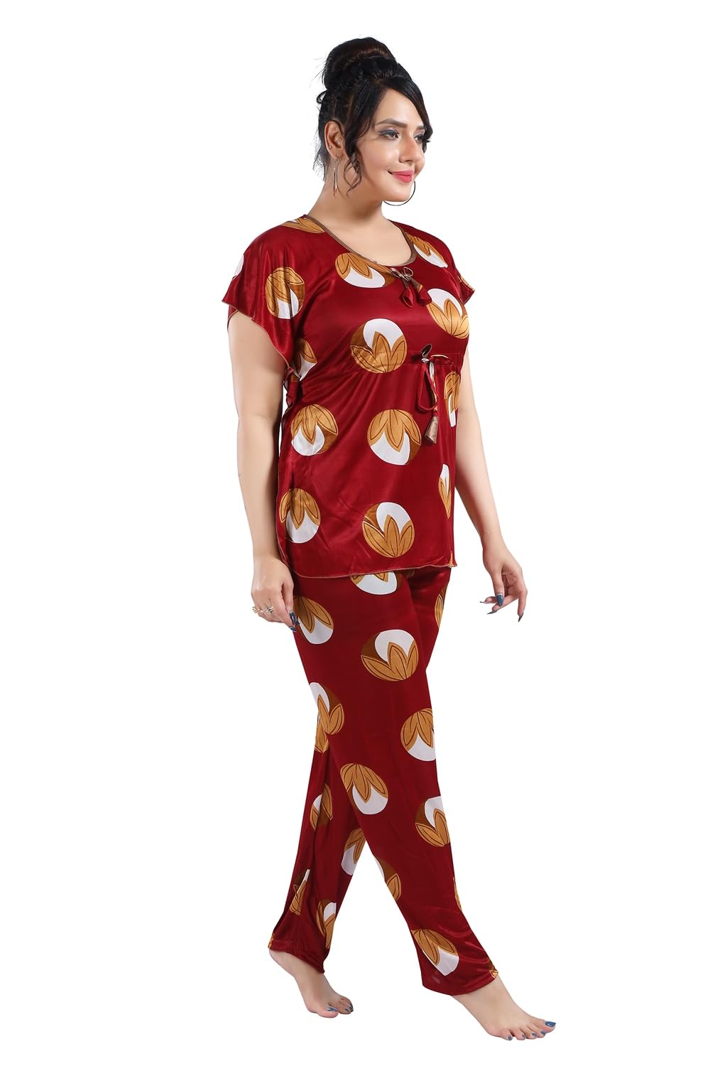 Fabme WomenS Satin Maroon Printed Kaftan Top & Pyjama Set