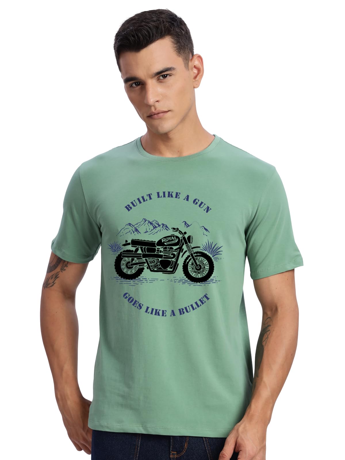 ADRO Men's Royal Bike Design Printed 100% Cotton T-Shirt - Regular Fit, Printed T-Shirts for Men (RN24-RYL-PT_Pista)