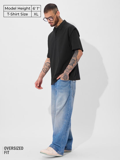 The Souled Store Korean Polo: Black Men and Boys Short Sleeves Collared Neck Cotton Blend Oversized Polos