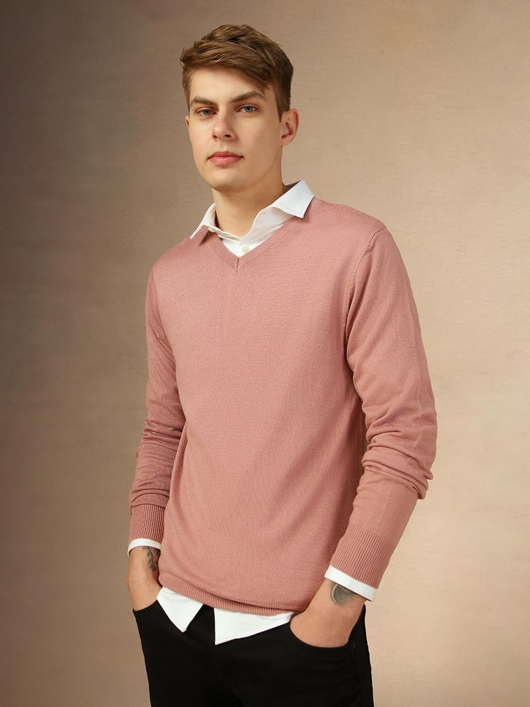 Dennis Lingo Men Acrylic Solid Slim Fit Full Sleeve V-Neck Pullover Sweater Pink