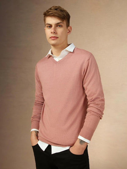 Dennis Lingo Men Acrylic Solid Slim Fit Full Sleeve V-Neck Pullover Sweater Pink