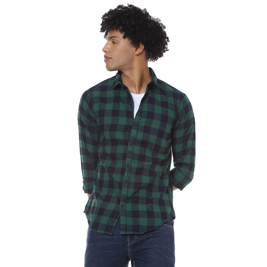 Campus Sutra Mens Green & Blue Checked Colour-Blocked Button Up Shirt Regular Fit for Casual Wear | Stylish Modern Clothing Shi