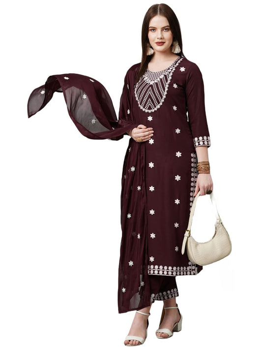 Gosriki WomenS Cotton Blend Embroidered Straight Kurta With Pant & With Dupatta (Dalfuna Wine_S-Gs_Wine_Small)