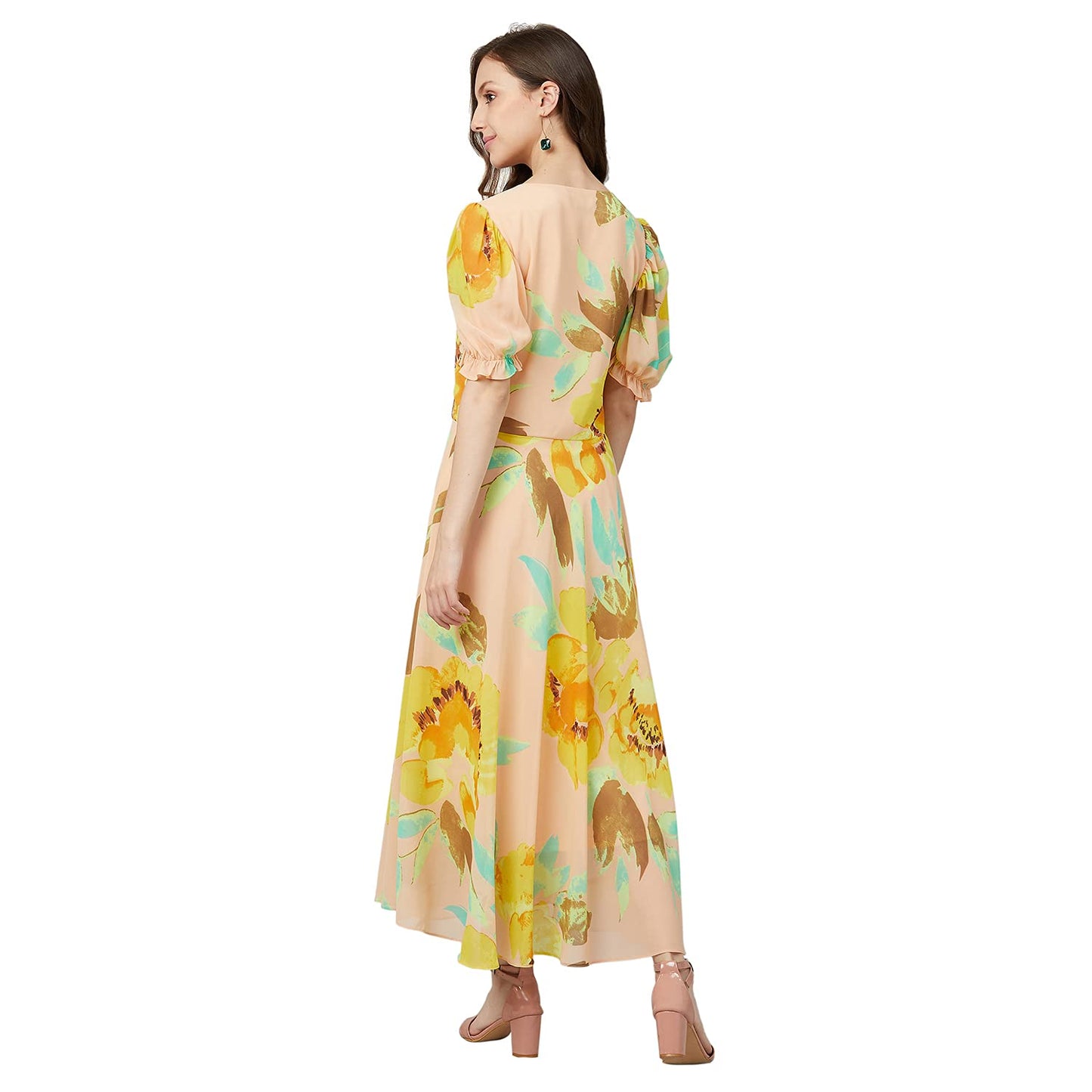Rare Women'S Georgette Fit And Flare Midi Casual Dress (Ep6504_Yellow)