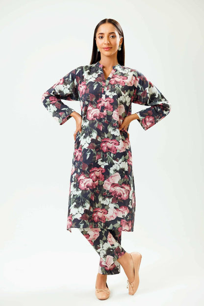 Gufrina Women's Black Floral Printed Long Kurta Set with Straight Pants - Full Sleeve V-Neck Rayon Casual Wear