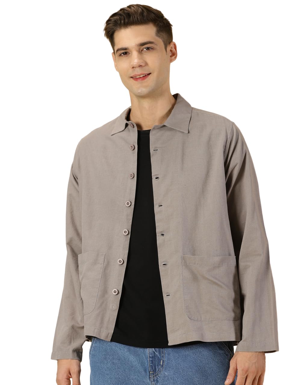 Thomas Scott Oversized Linen Double Pocket Solid Shirts for Mens Grey