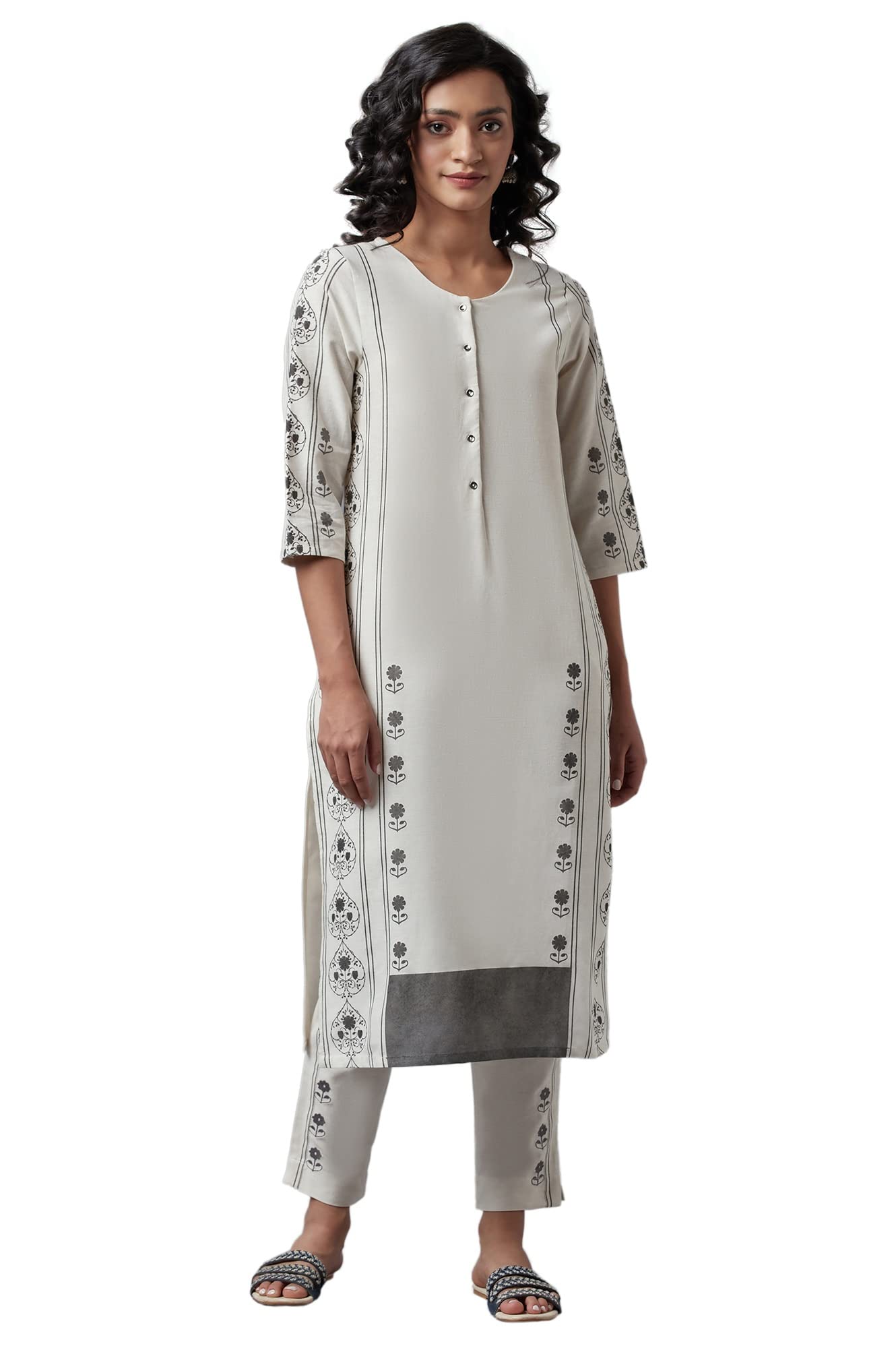 W for Woman Women's Cotton Straight Fit Printed Round Neck Straight Kurta