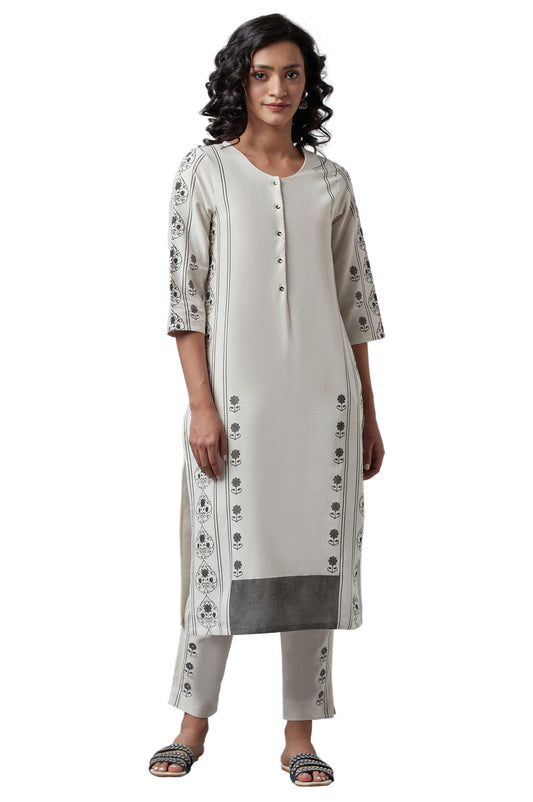 W for Woman Women's Cotton Straight Fit Printed Round Neck Straight Kurta