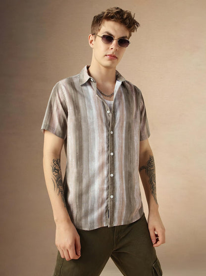 Dennis Lingo MenS Brown Cotton Spread Collar Short Sleeves Printed Shirts