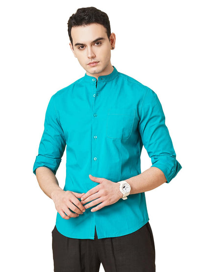 The Indian Garage Co Blue Regular Fit Mandarin Collar Solid Long Sleeves Shirt