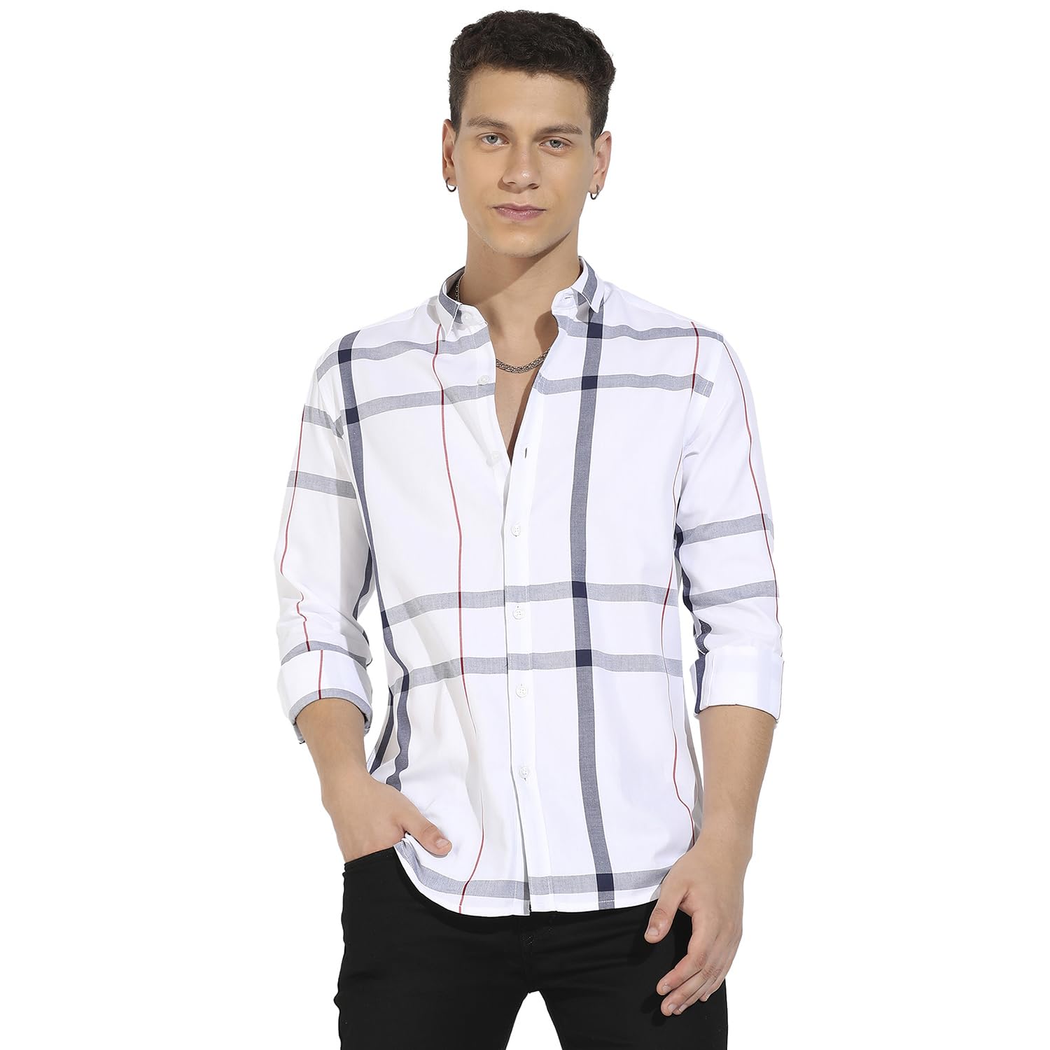 Campus Sutra Mens Tartan Plaid White Button Up Regular Fit Shirt for Casual Wear, Cotton Twill Spread Crafted with Regular Slee