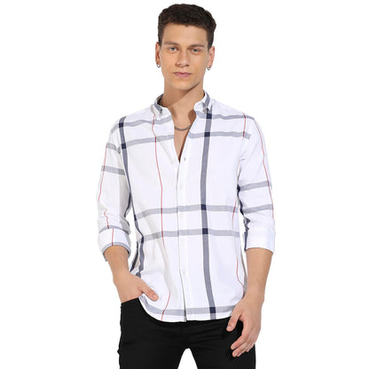 Campus Sutra Mens Tartan Plaid White Button Up Regular Fit Shirt for Casual Wear | Cotton Twill Spread Collar Shirt Crafted wit