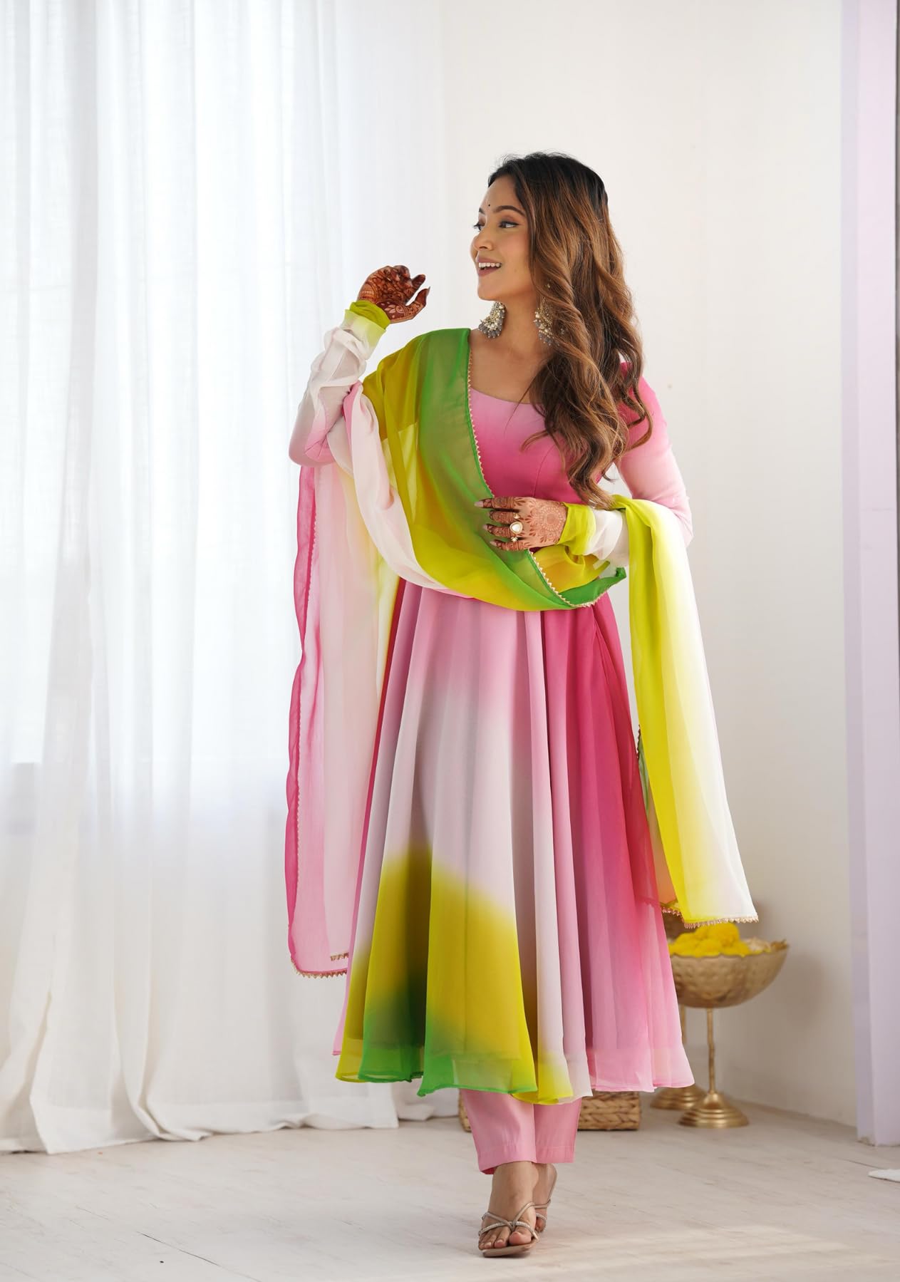 GoSriKi Georgette Anarkali Kurta with Trousers & Dupatta, Size 36, Pink, Model SADE-CLRS-GS