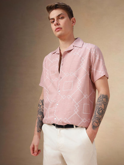 Dennis Lingo Pink Printed Polyester Relaxed-Fit Half-Sleeve Shirt For Men