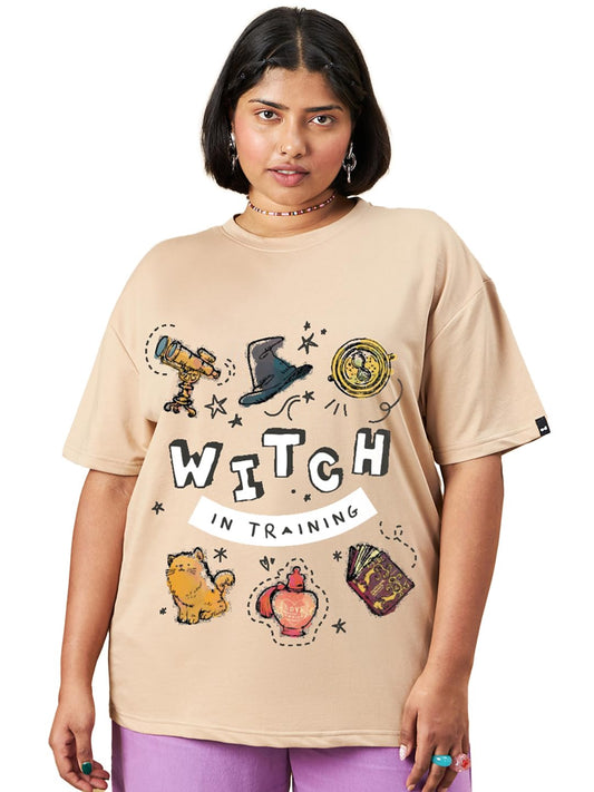 Bewakoof Heavy Duty 1.0 Official Harry Potter Merchandise Witch Womens Graphic Print Oversized Fit Half Sleeve Round Neck Cotto