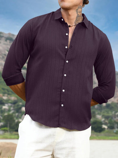 Finivo Fashion MenS Striped Cotton Casual Button Down Shirts Long Sleeve Textured Summer Beach Shirt For Men Purple