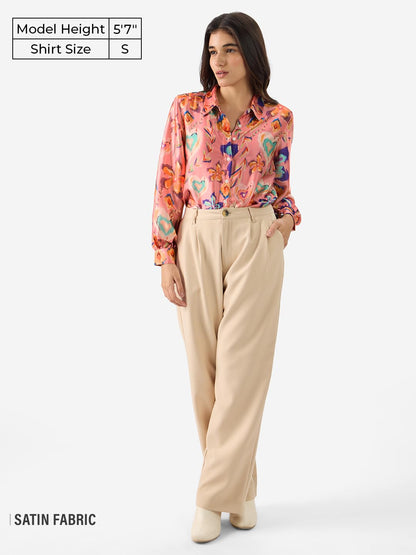 The Souled Store Floral Ink Women and Girls Stylish Comfortable Regular Fit Long Sleeve Collared Neck Button Down Pink All Over