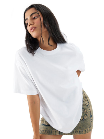 The Souled Store Solids: Classic White Women and Girls Short Sleeve Round Neck Cotton Oversized T-Shirts