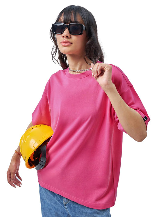 Bewakoof Heavy Duty 1.0 WomenS Solid Oversized Fit Half Sleeve Round Neck Terry T-Shirt_ 611048 Pink Xs