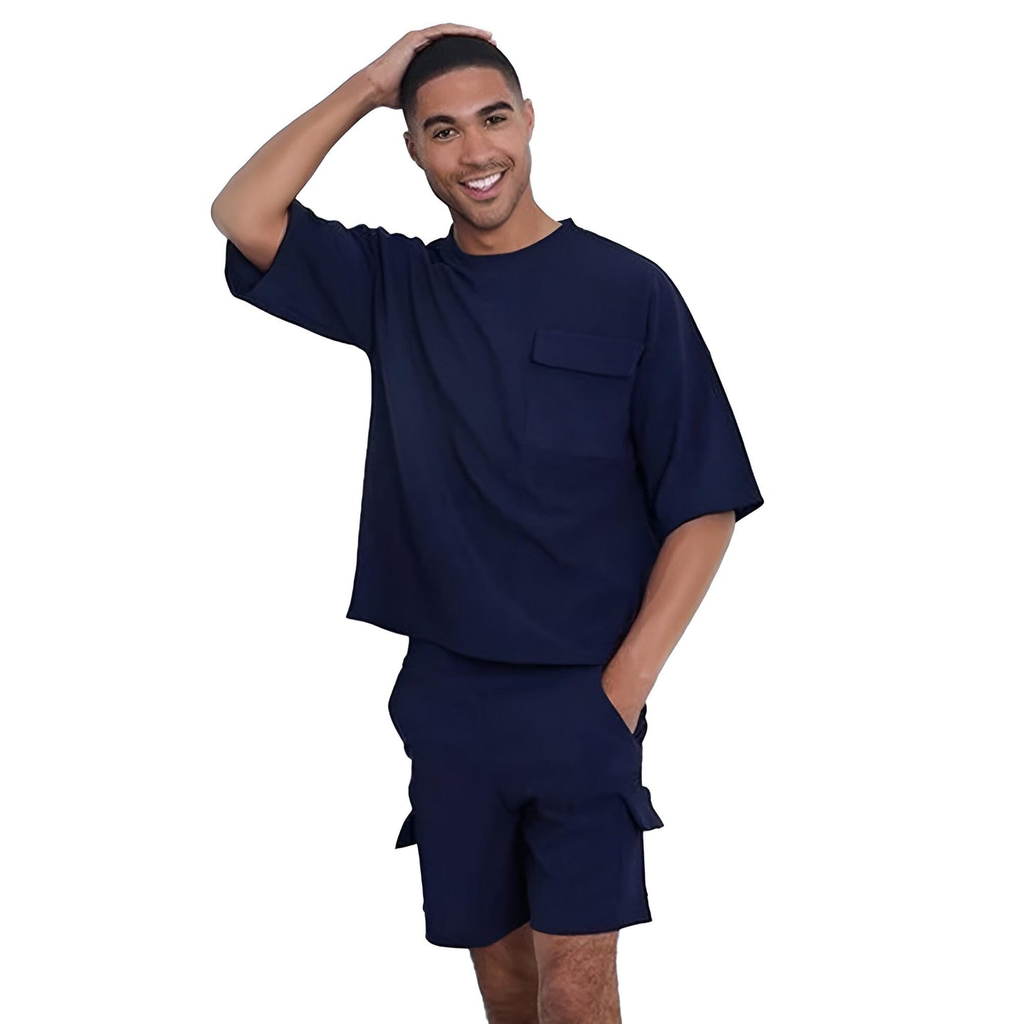 Nobero MenS Navy Blue Monochrome Co-Ord Set With Halfsleeve Tee And Shorts