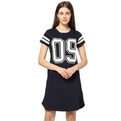 Sweet Dreams Women Typo Round Neck Half Sleeve Navy Blue Cotton Short Nighty
