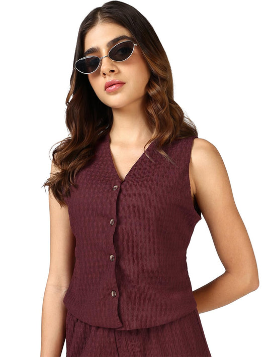Bewakoof Womens Textured Regular Fit Sleeveless V-Neck Cotton Blend Top_683801_Maroon_2XL