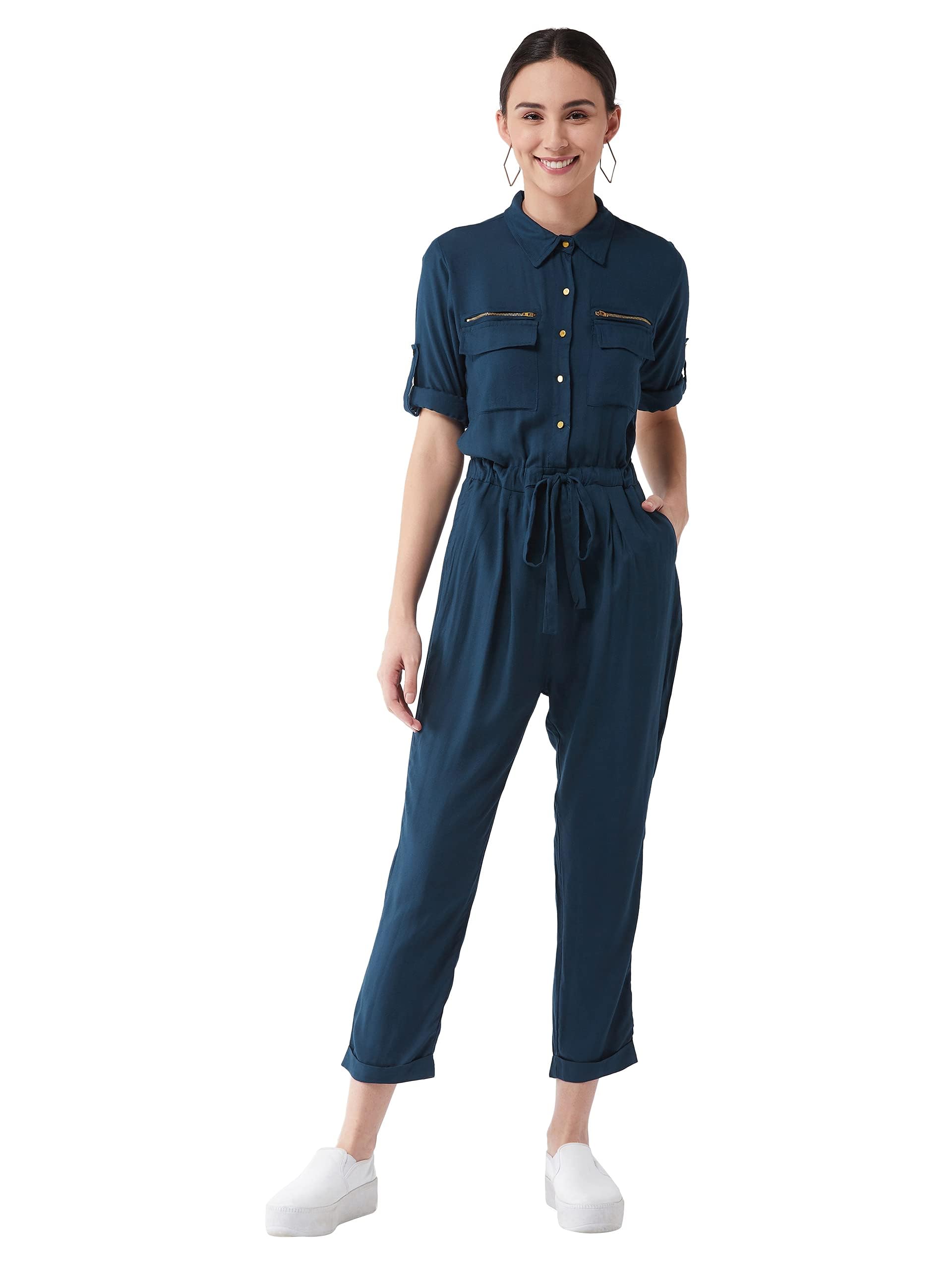 Miss Chase WomenS Teal Blue Rolled Up Sleeves Straight Leg Tie-Up Solid Belted Wrap Jumpsuit (Mcss21D04-64-83-06,Teal Blue,Xl)