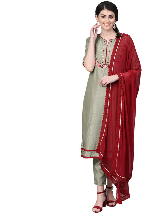 ishin Women's Silk Blend Embroidered Thread Work Green Floral Print A-Line Kurta suit set With Dupatta & Trouser
