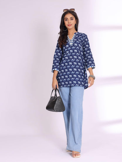 Varanga Women Handblock Printed Mandarin Collar Short Tunic Blue