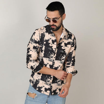 Campus Sutra Mens Beige & Black Paint Strokes Shirt for Casual Wear | Spread Collar | Long Sleeve | Button Closure | Shirt Craf