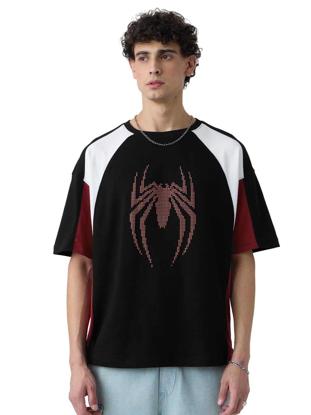 The Souled Store Spider-Man: Peter Parker Men and Boys Short Sleeves Round Neck Black Graphic Printed Cotton Oversized T-Shirts