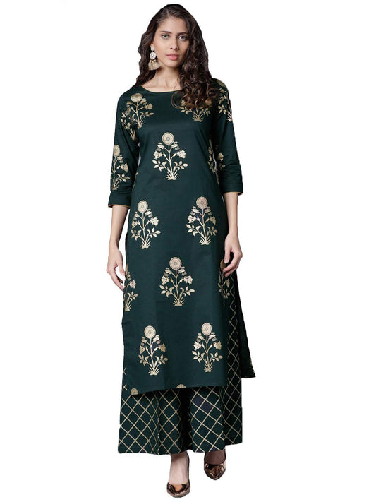 GoSriKi Women Navy Blue & Gold-Toned Printed Kurti with Palazzos (CELEMANT Blue)