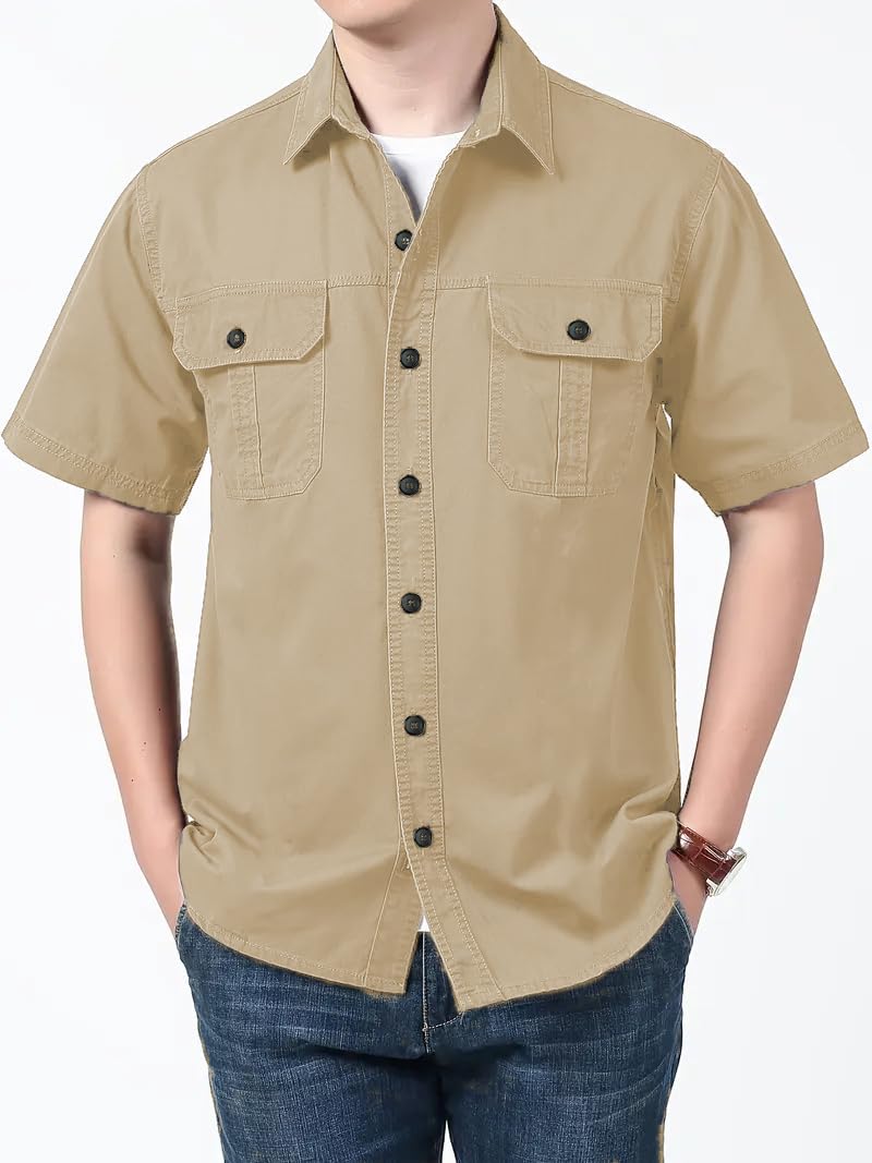 SMOWKLY Mens Casual Solid Printed Cotton Regular Fit Shirt || Half Sleeve, Button Down, Double Front Pocket || Denim Jacket Sty
