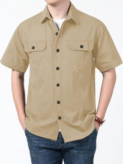 SMOWKLY Mens Casual Solid Printed Cotton Regular Fit Shirt || Half Sleeve, Button Down, Double Front Pocket || Denim Jacket Sty