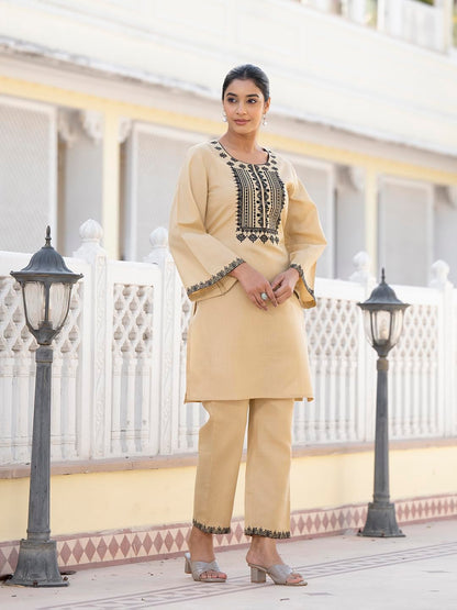 Varanga Women Beige Thread Embroidered Co-Ord Set
