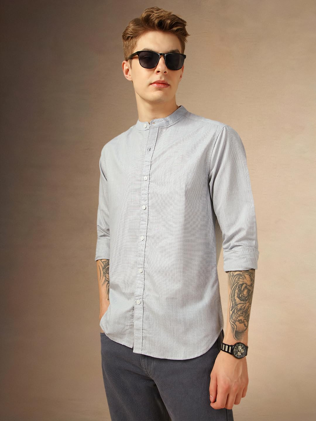 Dennis Lingo Men Slim Fit Cotton Full Sleeves Solid Formal-Shirt Grey