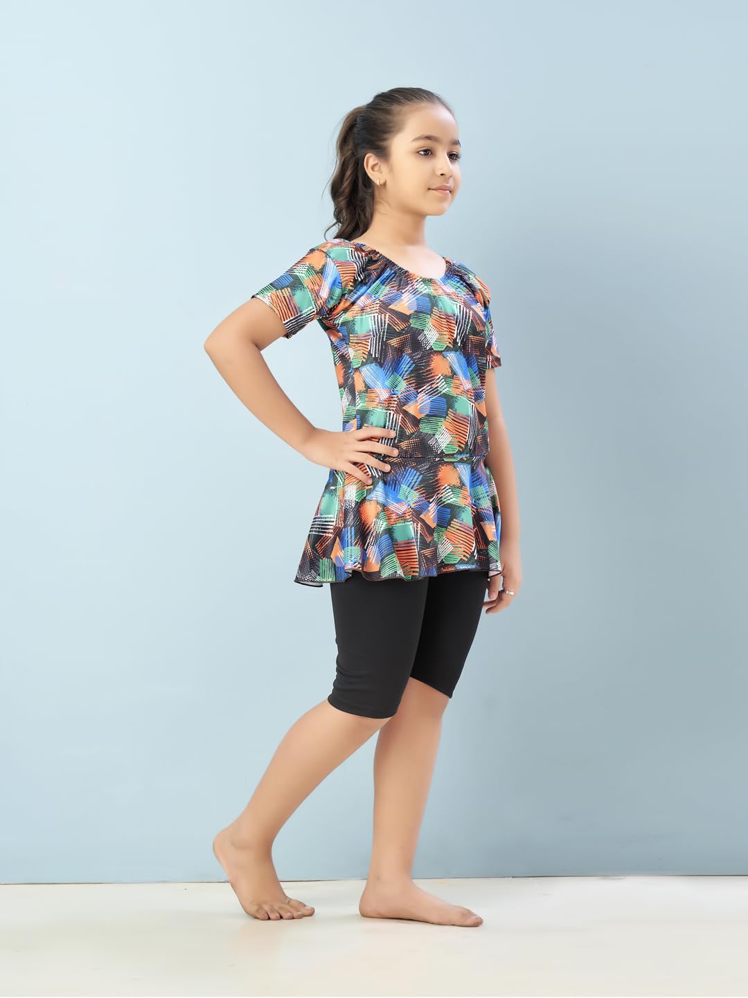 Aarika Girls Sports Wear Orange-Black Colour Abstract Print Nylon Swim Suit (5-15 Years)-(SW-SHM-CA-1112)