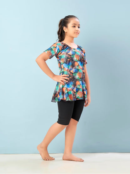Aarika Girls Sports Wear Orange-Black Colour Abstract Print Nylon Swim Suit (5-15 Years)-(SW-SHM-CA-1112)