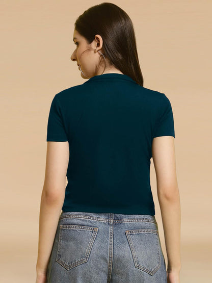 Pinkmint Womens Solid Cotton Collar Neck Top ll Lycra Crop Tank T-Shirt ll Korean Trendy Half Sleeve ll Stylish Collared T-Shir