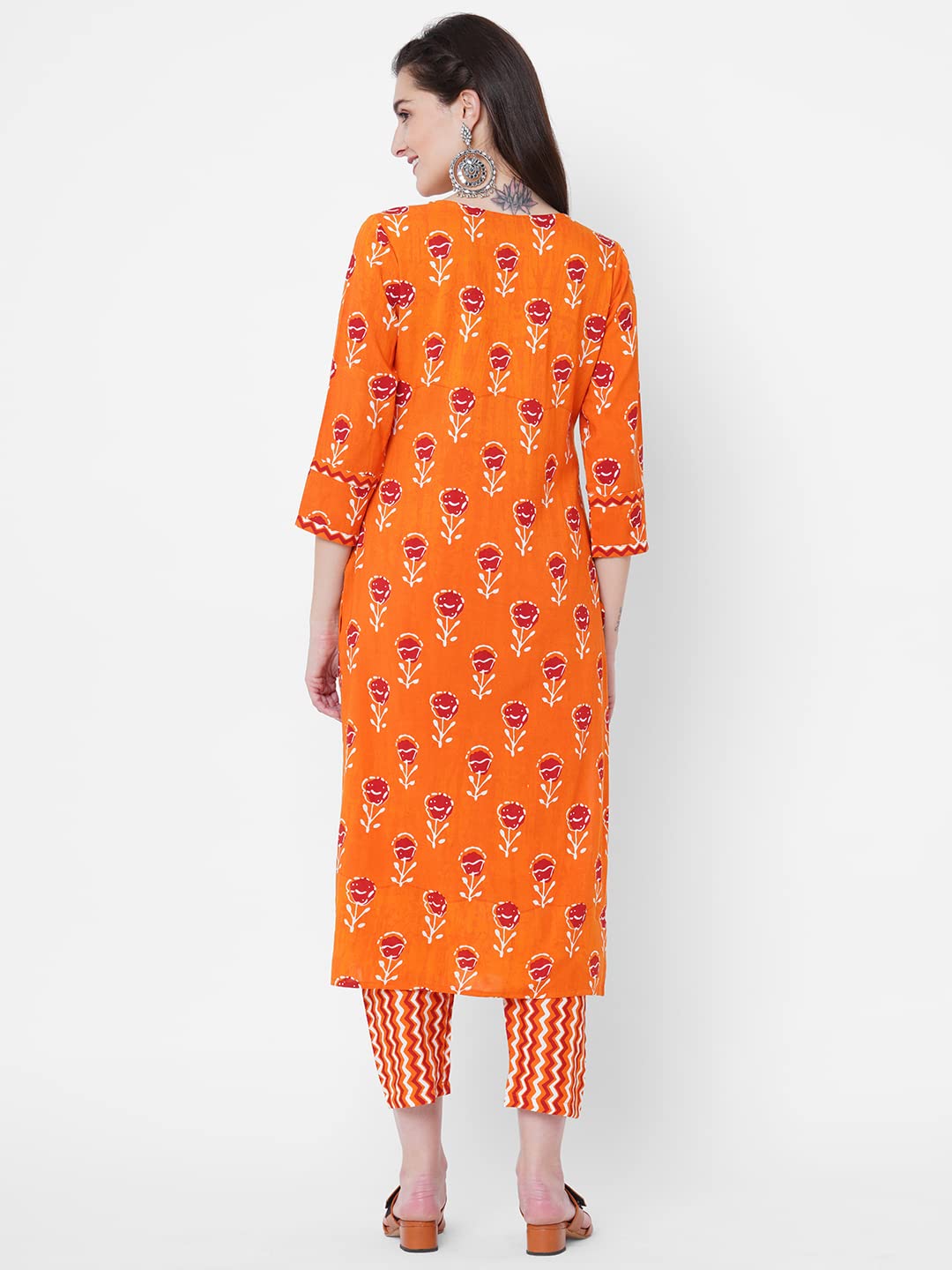 GoSriKi Women's Pure Cotton Flower Print Kurta with Palazzo (Orange Flower_GO)