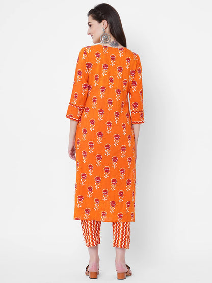 GoSriKi Women's Pure Cotton Flower Print Kurta with Palazzo (Orange Flower_GO)
