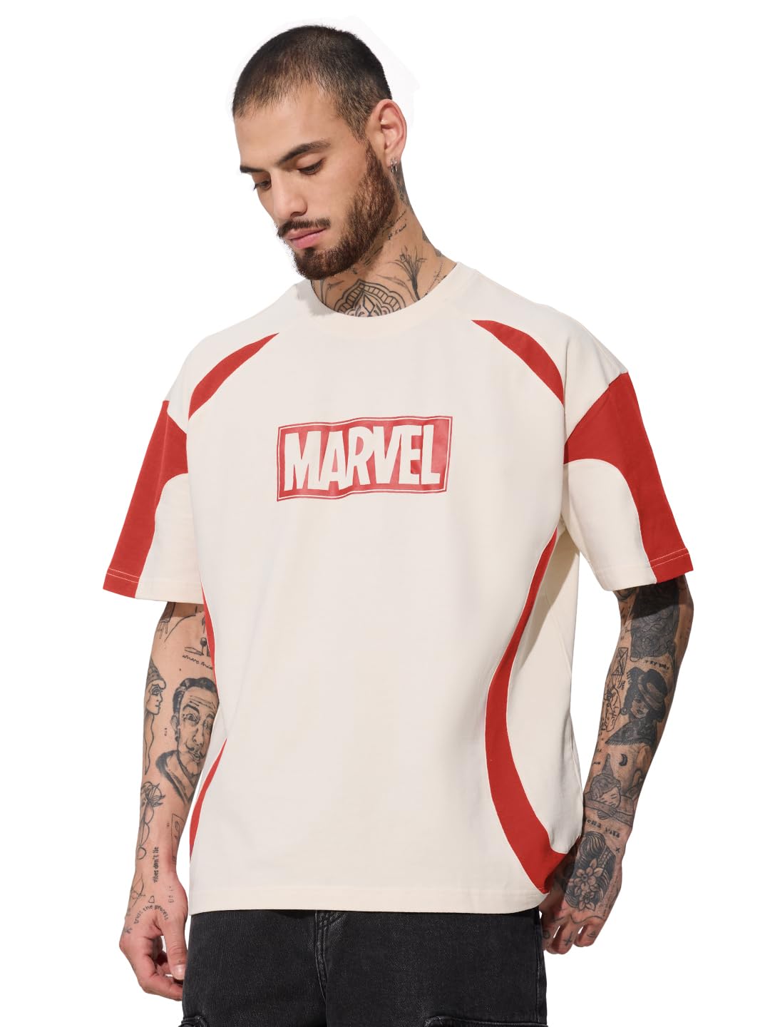 The Souled Store Official Marvel : Logo Mens and Boys Oversize Fit Half Sleeves Cotton T-Shirt