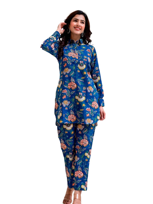 Dhruvi Trendz Regular Fit Formal Floral Printed Rayon Western Co-Ord Set For Women(Available In 2Xl And 3Xl) (Dt-W1730&Tr821_Blu