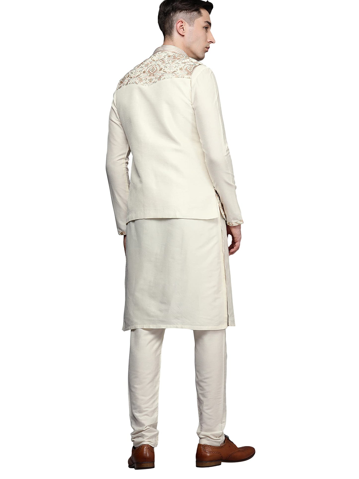 Manyavar Kurta Jacket Set For Men, Full Sleeves Mandarin Collar Ethnic Kurta Jacket Set For Festival, Wedding, Party Blended Vis
