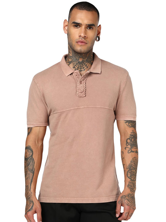 Bewakoof MenS Solid Regular Fit Half Sleeve Collar Pique T-Shirt_685380_Brown_Xl