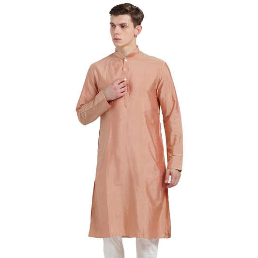 Kisah Men Peach-Coloured Solid Banarasi Straight Kurta Full Sleaves, Knee Length, Straight, Regular Fit, Mandarin Collar Ethnic