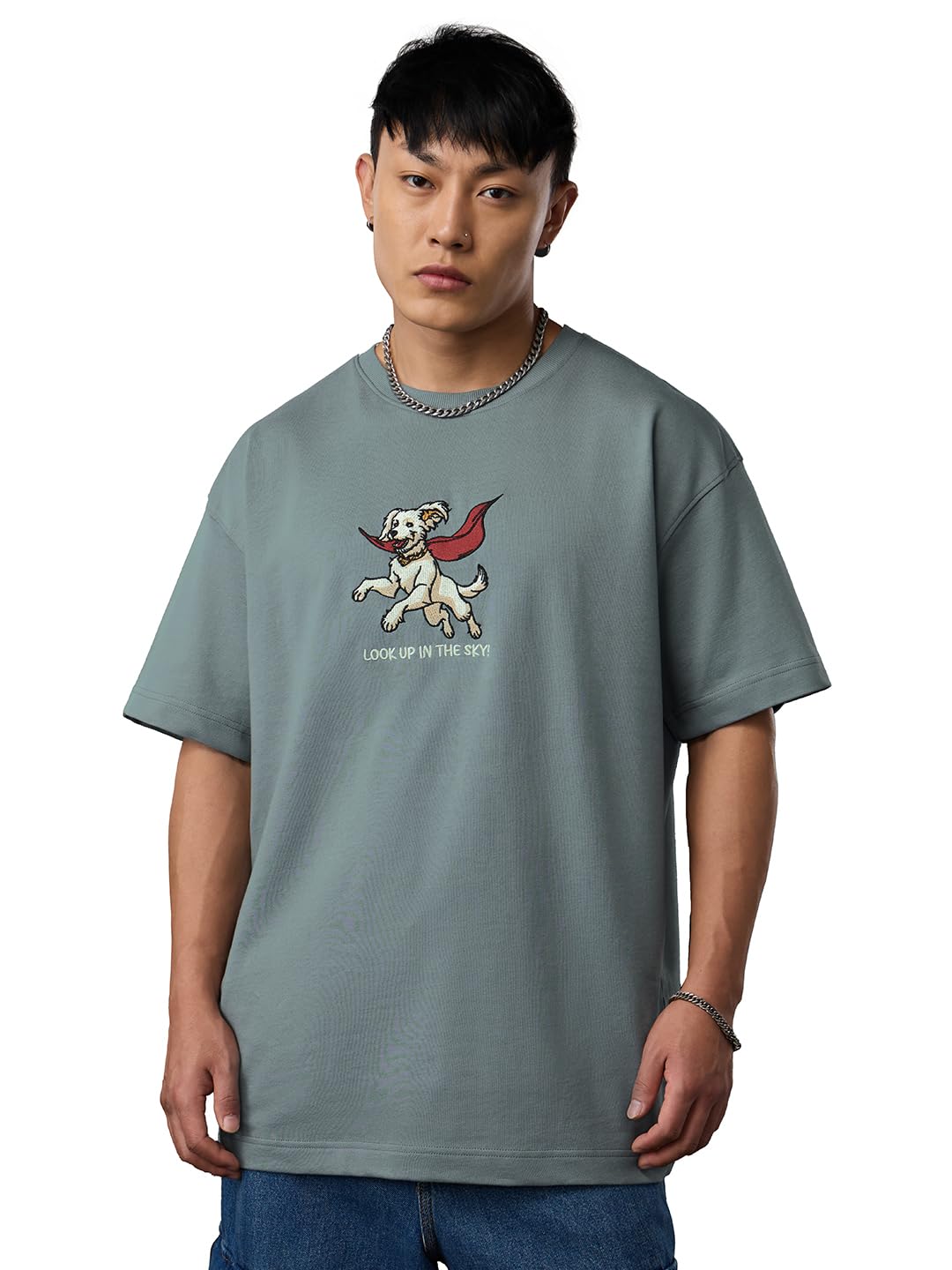 The Souled Store Superman: Krypto The Superdog Men and Boys Short Sleeves Round Neck Grey Applique Patch Cotton Lightweight Casu