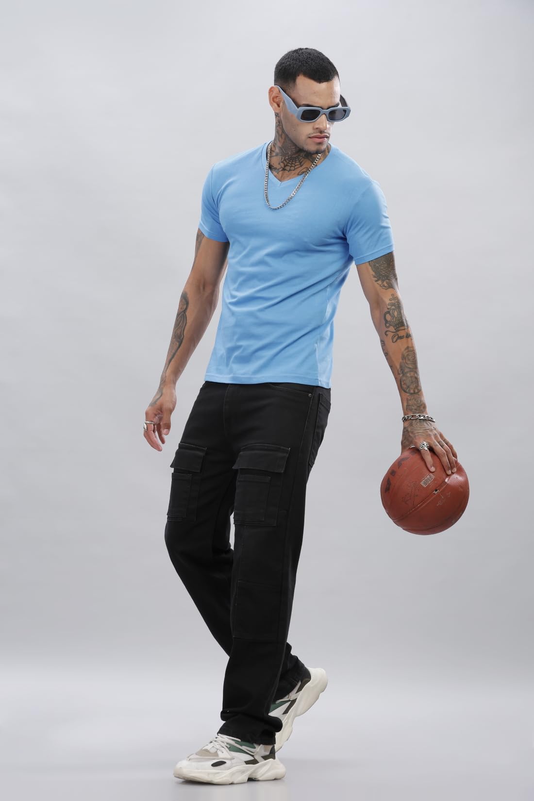 ADRO Men's V Neck Solid Cotton T-Shirt (VN-M-PLN-SK_SkyBlue)