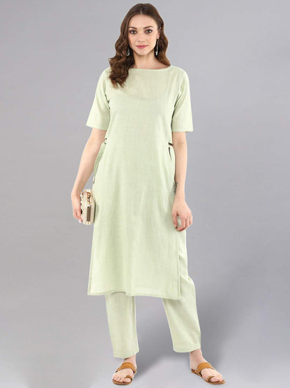 Idalia Sage Green Solid Straight Kurta Set For Women 3/4 Sleeve, Round V Neck Designer Kurta With Pant