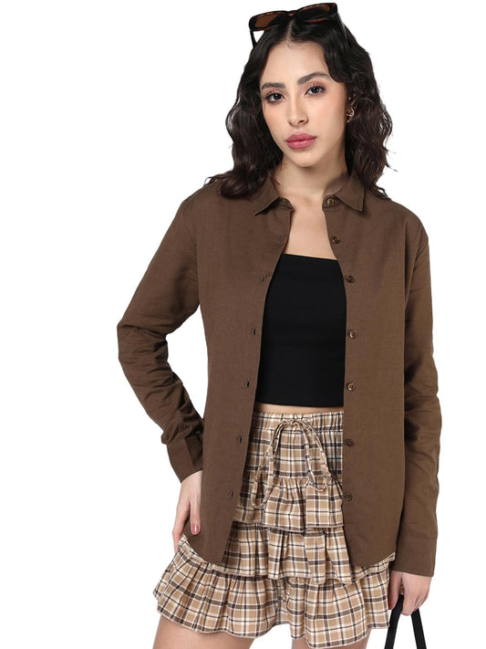 Bewakoof Womens Solid Oversized Fit Full Sleeve Collar Cotton Linen Blend Shirt_1501042_Brown_XL